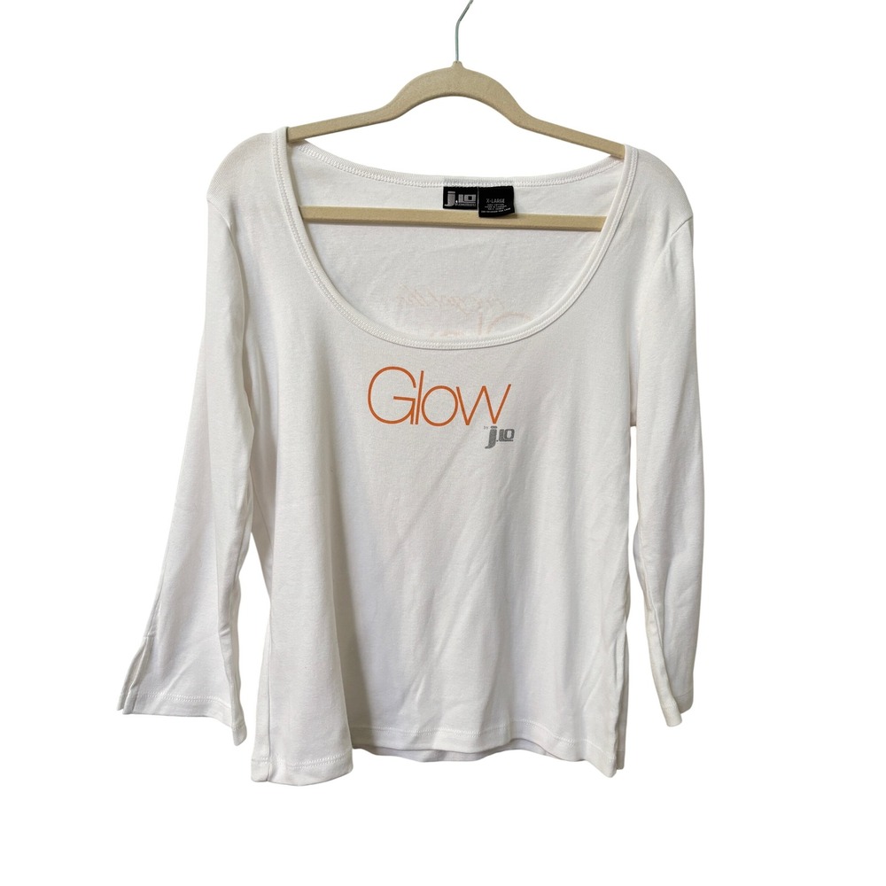 J.Lo Jennifer Lopez Glow Graphic T-shirt White XL Y2K Cotton Canada 3/4 Sleeve